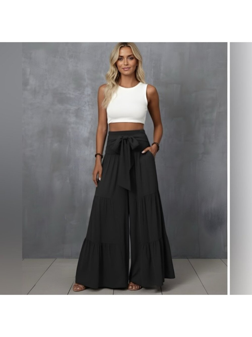 LAST ONE 🔥 Shirred Waist Tie Front Ruffle Hem Wide Leg Pants